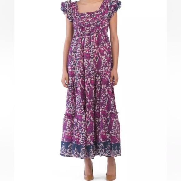 House of Harlow 1960 Floral Maxi Dress Pink Blue Tiered Medium Milkmaid Pockets